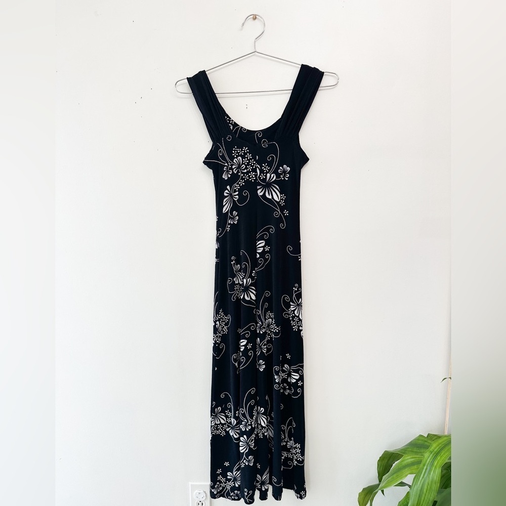 90’s Diamond Brand Dress - Black with white floral- Stretchy- Size Medium - Picture 2 of 11